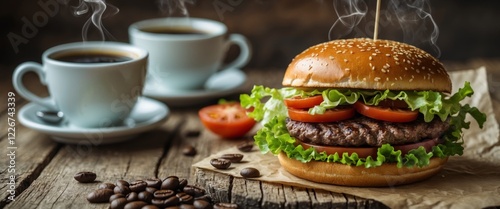 Delicious burger with fresh ingredients accompanied by coffee cups and coffee beans on a rustic background ideal for fast food promotions photo