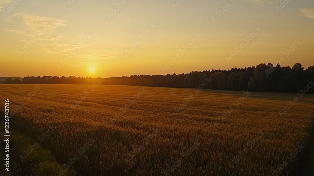 Golden hour over a vast wheat field with a silhouetted tree line at sunset Golden hour over a vast wheat field with a silhouetted tree line at sunset