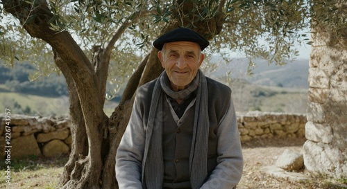 Elderly male sitting under olive tree in scenic countryside setting for tranquil lifestyle inspiration