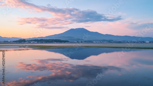 Serene mountain reflection at sunset in a peaceful landscape, with pink and blue colors