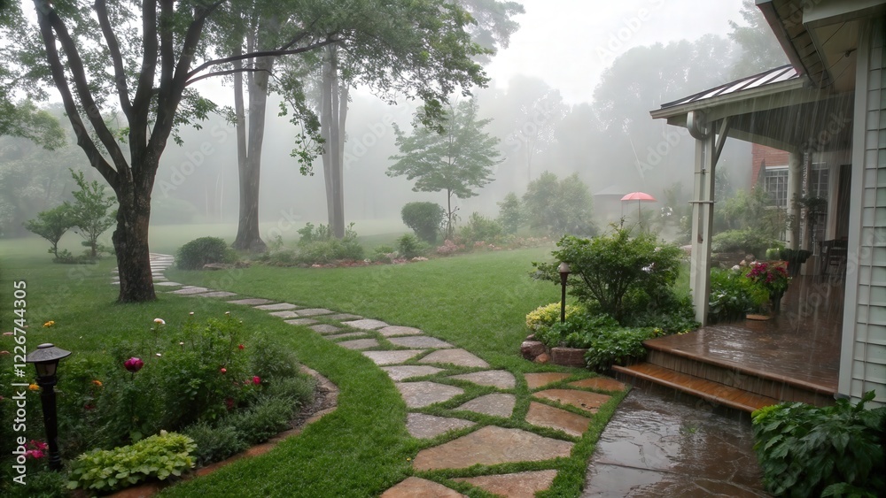 a rainy courtyard in front of the house a rainy courtyard in front of the house