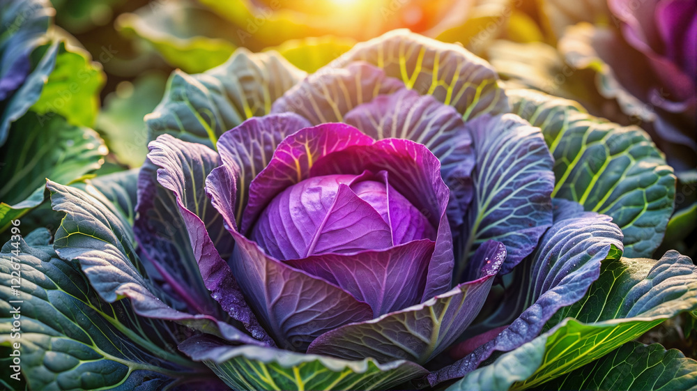 Fototapeta premium Purple cabbage growing in sunlit garden