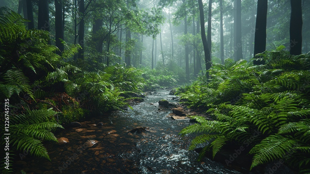 Fototapeta premium Misty rainforest stream flows through ferns.