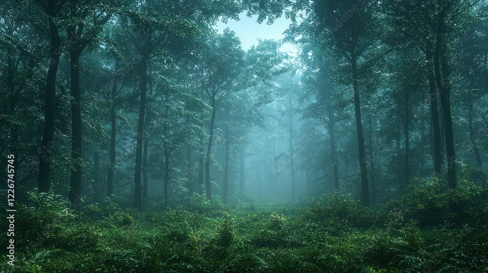 Misty path through a dark green forest. Misty path through a dark green forest.