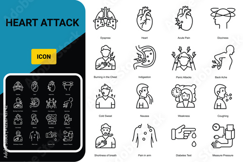Heart attack symptoms thin line icons set: dizziness, dyspnea, cardiogram, panic attack, weakness, acute pain, cholesterol level, nausea, diabetes. Modern vector illustration.