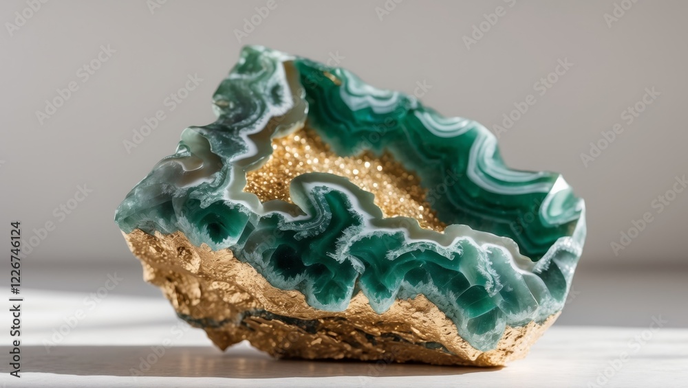 Obraz premium Green and gold agate gemstone crystal geode closeup macro.