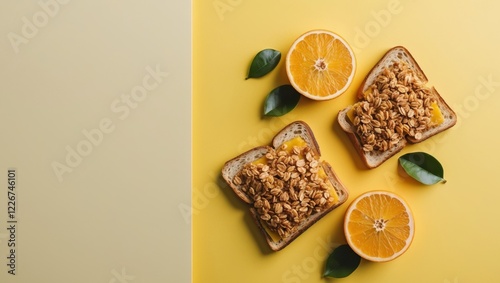 Granola topped toast slices and fresh orange halves on a bright yellow background captured from above with space for text on the left side photo