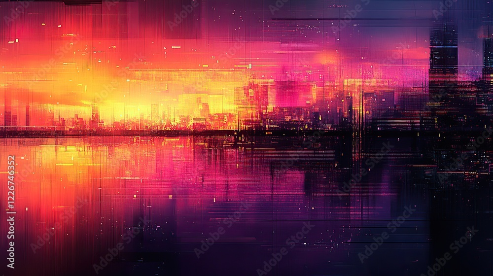 Fototapeta premium an interlaced digital distorted abstract futuristic urban orange, purple, pink, and black background with motion glitch effect, a striped cyberpunk techno city design, retro webpunk rave 80s 90s aesth