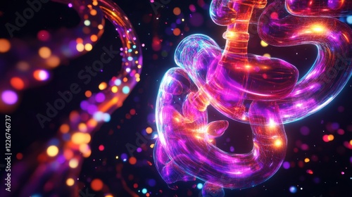 An abstract depiction of the human gastrointestinal tract with glowing digestive organs and flowing patterns against a dark, vibrant backdrop, Futuristic style