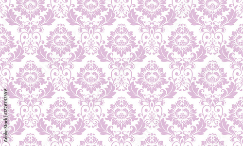 Wallpaper in the style of Baroque. Seamless vector background. White and pink floral ornament. Graphic pattern for fabric, wallpaper, packaging. Ornate Damask flower ornament.