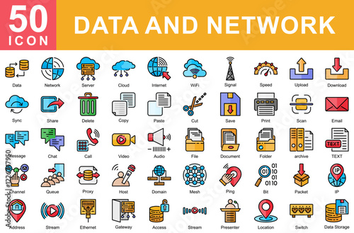 icon collection Data and Network simple Lineal Color Icon Sheet 