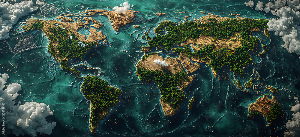 Stunning 3D digital rendering of Earth, lush with vibrant greenery and detailed oceans.  Perfect for environmental, travel, or geography projects.