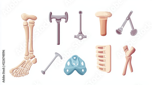 Orthopedics and prosthetics medicine icons with bones of vertebral column and foot, prosthetic leg and ankle foot orthosis, charriere bone saw, bone drill and medical hammer photo