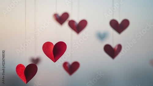 Red heart shapes hanging with blurred background for love or celebration photo