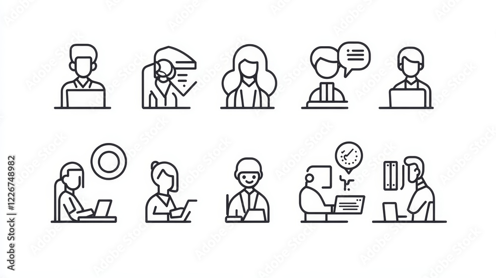 Business team icons of discussion, management and brainstorm, meeting and recruitment. Vector groups of business people, line symbols of teamwork, partnership, office work, human resource, leadership Business team icons of discussion, management and brainstorm, meeting and recruitment. Vector groups of business people, line symbols of teamwork, partnership, office work, human resource, leadership