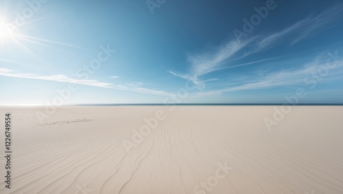 Serenity of a beach with golden sand and clear blue sky during midday.
