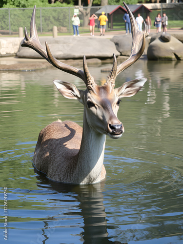 Large grey brocked deer in the water at a popular zoo. photo