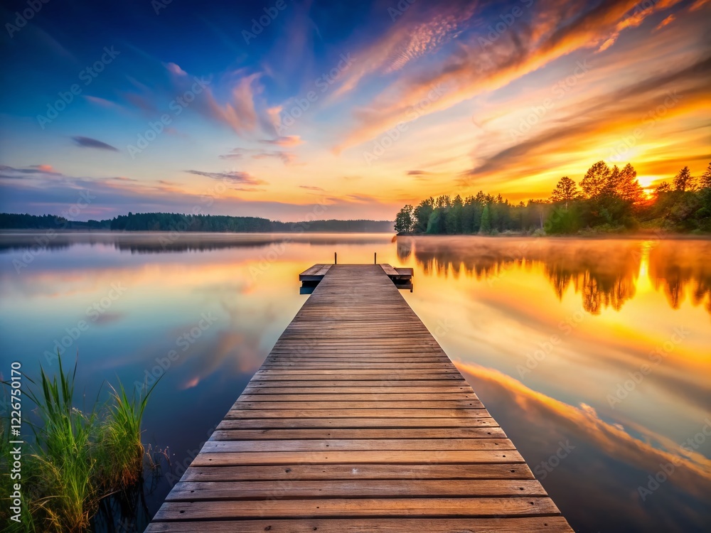 Fototapeta premium Empty Wooden Dock Long Exposure Lake Serenity