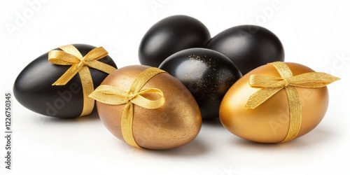 A stylish arrangement of black and gold Easter eggs, adorned with ribbons, showcasing luxury and festive spirit. photo