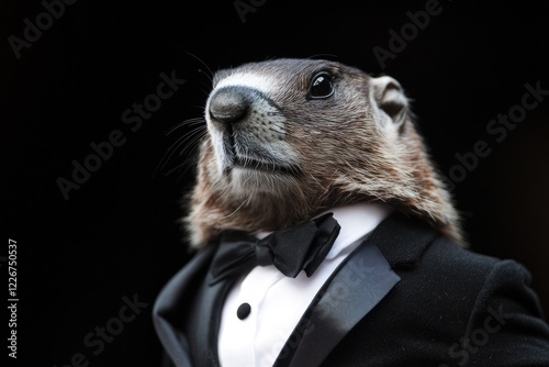 A groundhog dressed up for a special occasion, wearing a tuxedo and bow tie