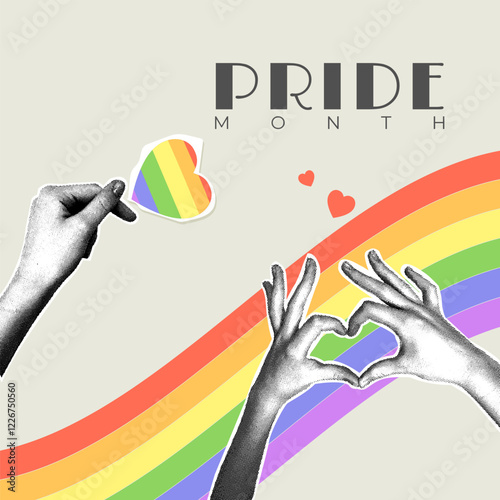 Trend halftone collage in retro style. Collage on the theme of pride month. Hand with halftone effect holding a scrapbooking style paper cut out heart and heart shaped hands on rainbow background