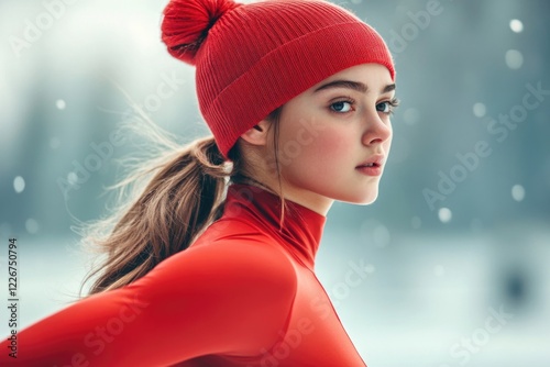 A woman wearing a bright red top and matching hat, ready for adventure photo