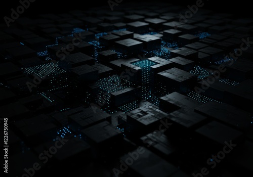 Dark tech abstract with floating blocks, some solid, some glowing blue. Modern, sleek, data-driven, and mysterious