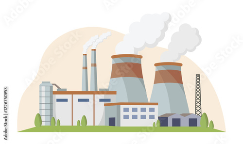 Industrial factory with chimneys and cooling towers emitting smoke, set on green grass, with a light background. Environmental concept. Vector illustration