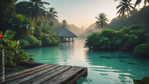 Fototapeta Naklejka Na Ścianę i Meble -  Tranquil tropical lagoon with wooden dock lush jungle and distant thatched hut in soft morning light.