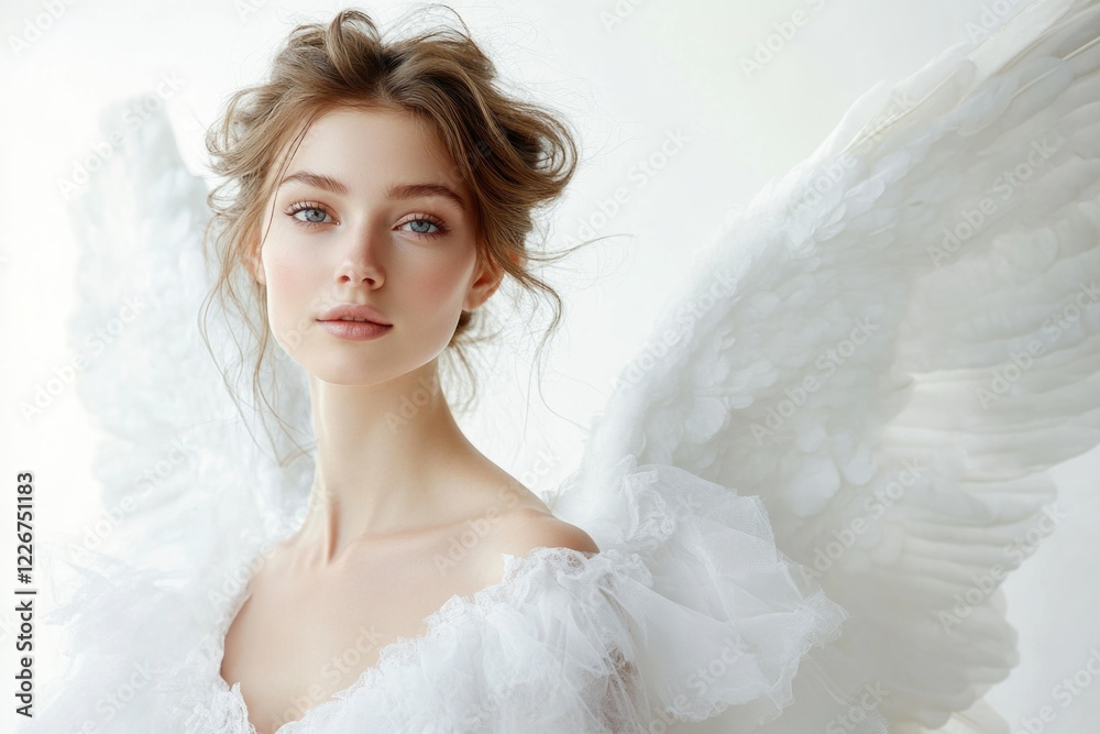 A woman in a white dress with angel wings A woman in a white dress with angel wings