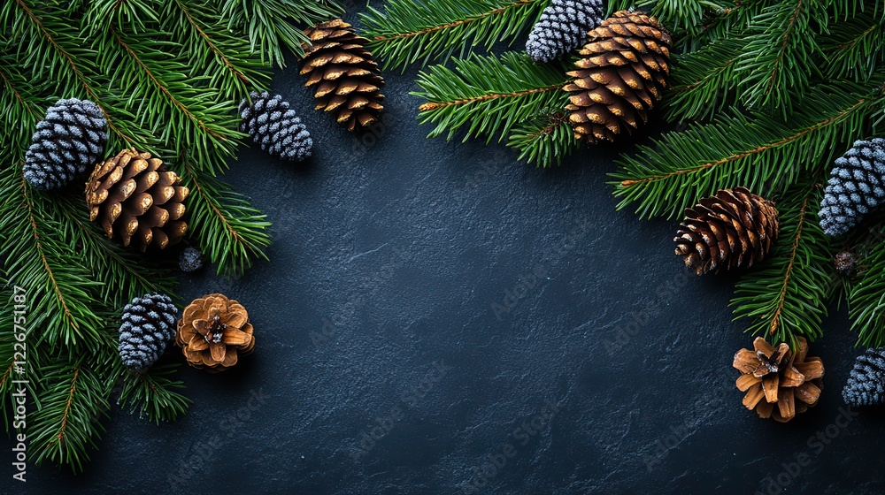 Fototapeta premium Beautiful Christmas background with green pine tree branch close up. Copy space. Trendy moody dark toned design for seasonal quotes, vintage December wallpaper. Natural winter holiday forest backdrop.