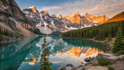 Papier peint photo Canada A stunning mountain landscape featuring a tranquil lake reflecting majestic peaks during sunset, surrounded by lush evergreen forests.  © mangolovemom