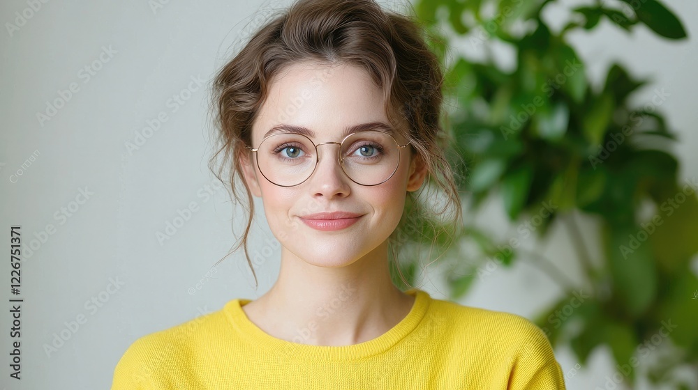 Smiling woman, glasses, yellow top, plants background, portrait Smiling woman, glasses, yellow top, plants background, portrait