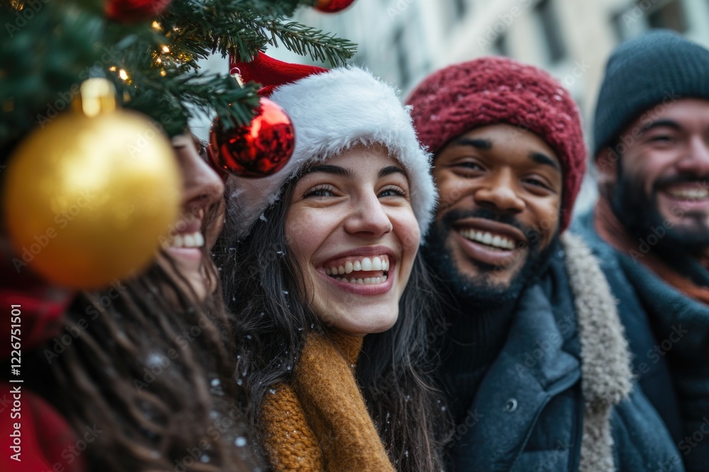 A group of people standing together in front of a decorated Christmas tree A group of people standing together in front of a decorated Christmas tree