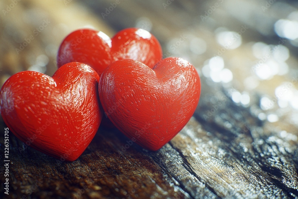 Fototapeta premium A simple and romantic arrangement of three red hearts placed on a wooden table