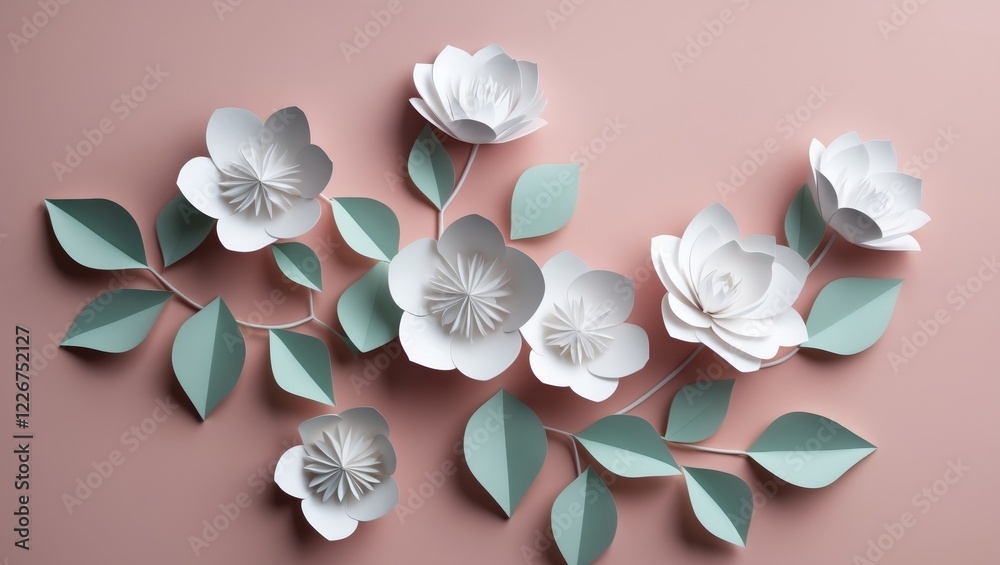 Obraz premium White Paper Flowers and Leaves on Pink Background