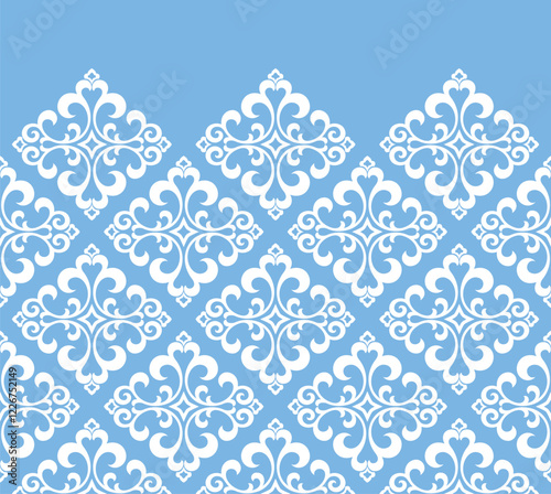 Wallpaper in the style of Baroque. Modern vector background. White and blue floral ornament. Graphic pattern for fabric, wallpaper, packaging. Ornate Damask flower ornament.