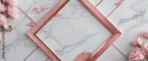 White marble texture with soft pink rose gold geometric frame and glitter accents perfect for modern aesthetic background with a luxurious and elegant touch for graphic design template. photo