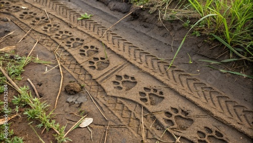 intricate animal track pattern showcasing an array of species on different surfaces, floral patterns, natural designs, faunal patterns