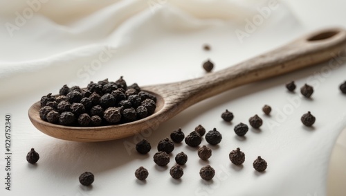 Wooden Spoon Filled with Whole Black Peppercorns on a Light Background.