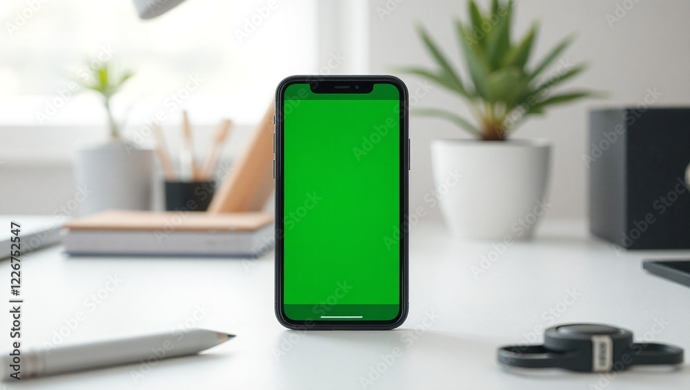 A modern smartphone placed on a minimalist desk, showing a green screen for creative design purposes, with a softly blurred background of a well-lit workspace A modern smartphone placed on a minimalist desk, showing a green screen for creative design purposes, with a softly blurred background of a well-lit workspace