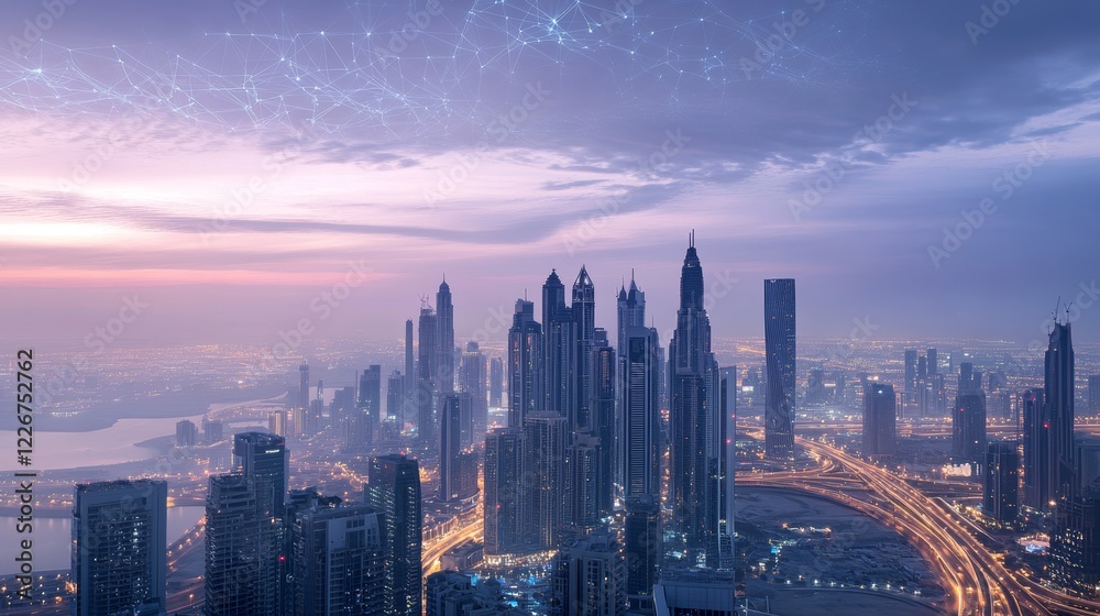 Fototapeta premium Stunning dawn panorama of a modern city skyline with digital overlays suggesting connectivity