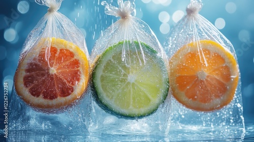 A bag filled with fresh oranges and limes submerged in water photo