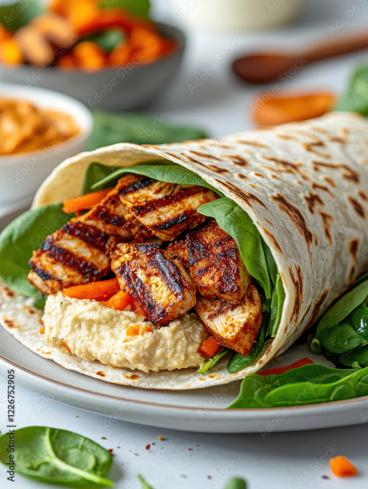 a whole-grain tortilla filled with grilled chicken slices, fresh spinach leaves, and shredded carrots. AI generative