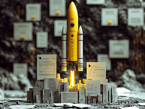 Stylized 3D render of a yellow rocket launching from a city made of documents.  Conceptual image ideal for illustrating business growth, startup success, or overcoming bureaucratic challenges. photo