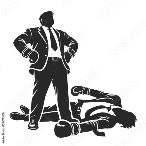 A confident businessman stands victorious over a defeated opponent in boxing gloves, vector silhouette.