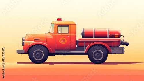 Fire engine truck or firetruck car vector icon, firefighter vehicle. Firefighting lorry, fireman emergency rescue, transport, side front view flat car with classic siren alarm and water tank hose