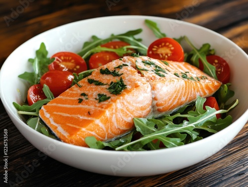 Fresh salmon with greens and tomatoes. Healthy seafood dish.