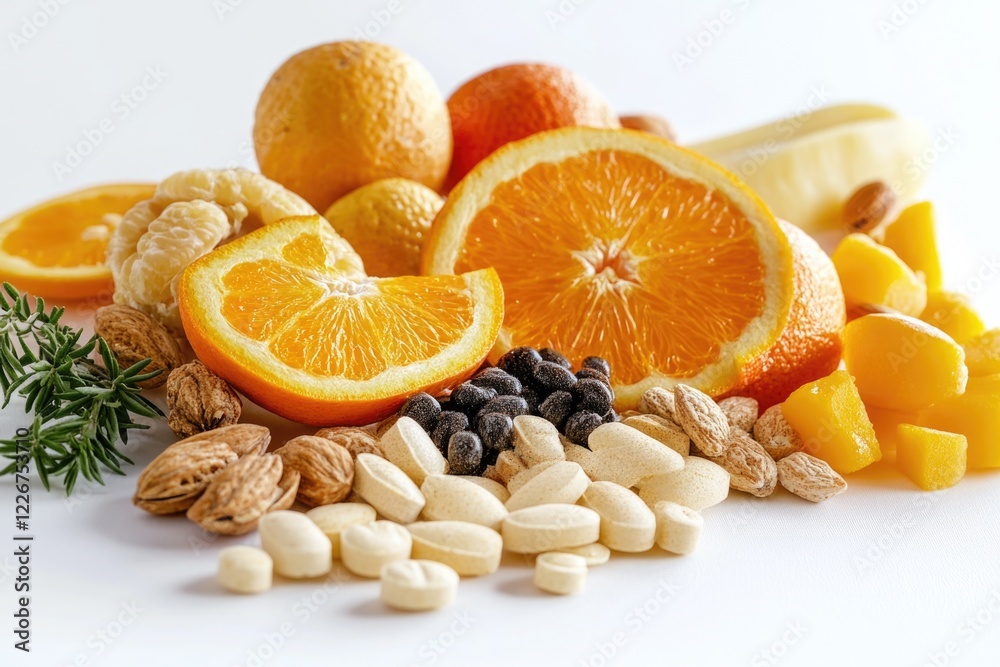Fototapeta premium A colorful arrangement of fresh fruits and nuts on a white background