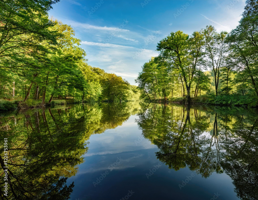 Serene Symmetry_ Tranquil Reflection of Trees on Still River Serene Symmetry_ Tranquil Reflection of Trees on Still River